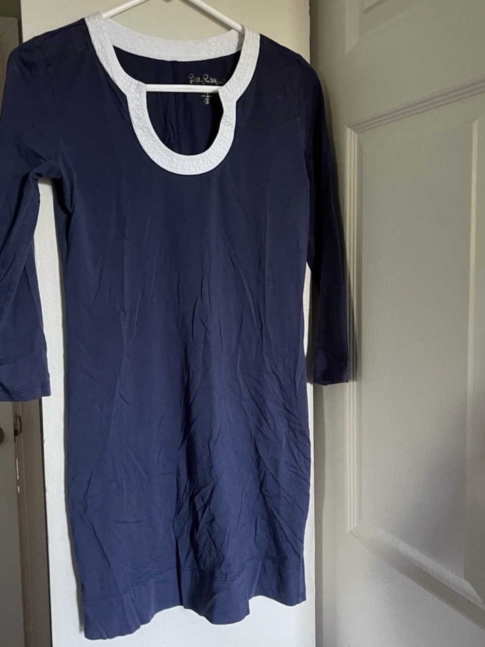 Lilly Pulitzer Navy Blue White Trim 3/4 Sleeve Above Knee Length Dress